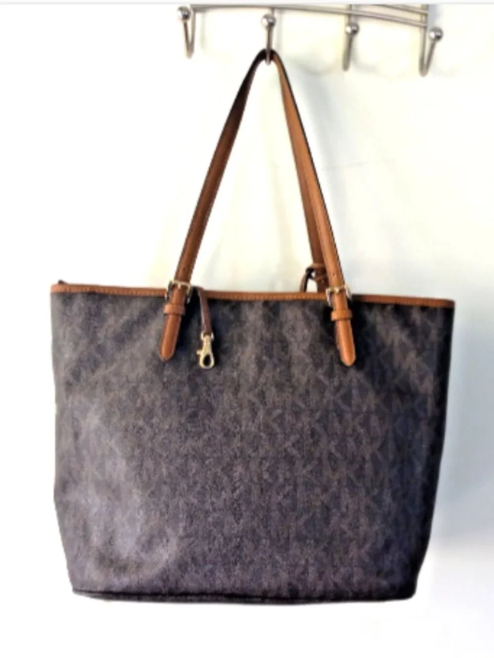 Michael Kors Large Tote Bag Brown MK Signature Logo Gold Charm Zip Top Purse